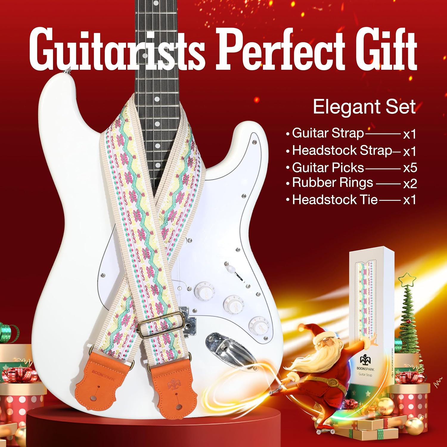 Thumbnail 6 de BOONSPARK Guitar Strap, Lotus Embroidery, 2-Inch Adjustable Cotton with Cowhide Ends