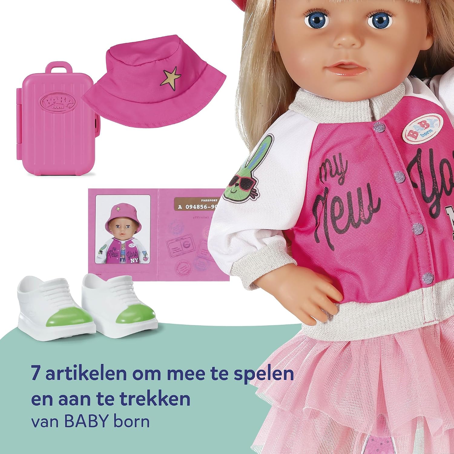 Detalle de BABY born Reisoutfit voor poppen van 43 cm met jurk en reisaccessoires
