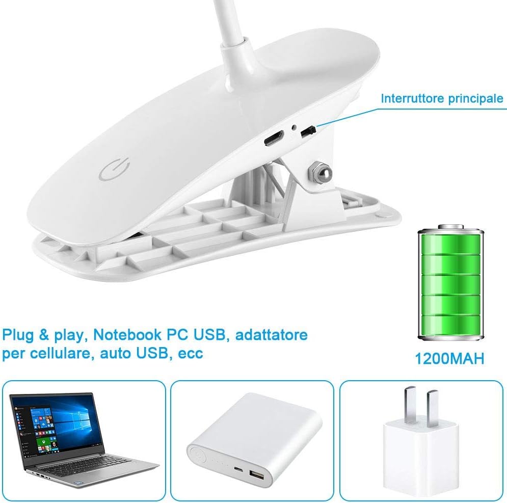 Thumbnail 5 de URAQT Lampada da lettura con pinza e USB ricaricabile (20 LED), braccio flessibile 360°