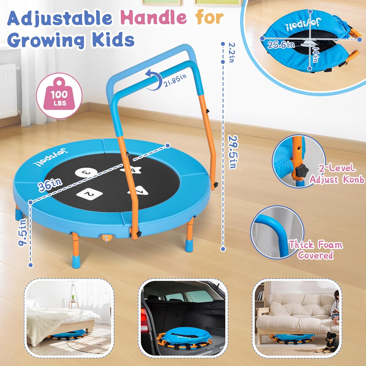 Thumbnail 2 de 3FT Toddler Trampoline with Adjustable Handlebar — Foldable, Noiseless, Safe & Sturdy for Ages 1-6