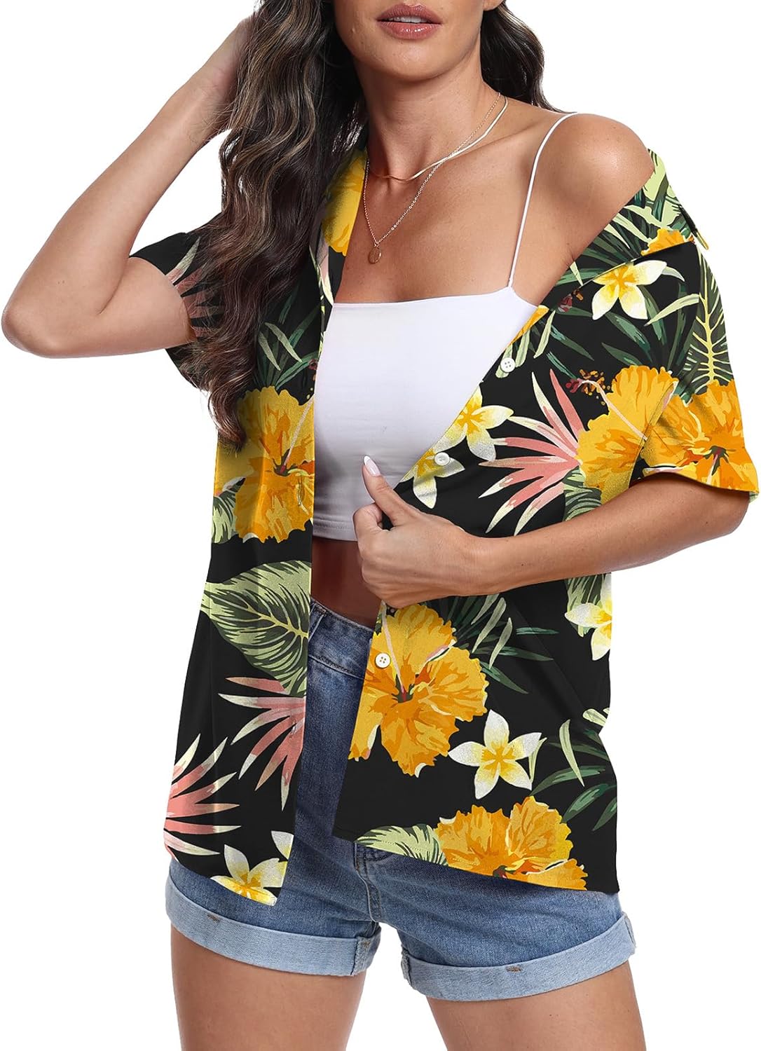 Thumbnail 2 de YUNDAI Women's Hawaiian Short Sleeve Button-Down Shirt with Floral Tropic Print
