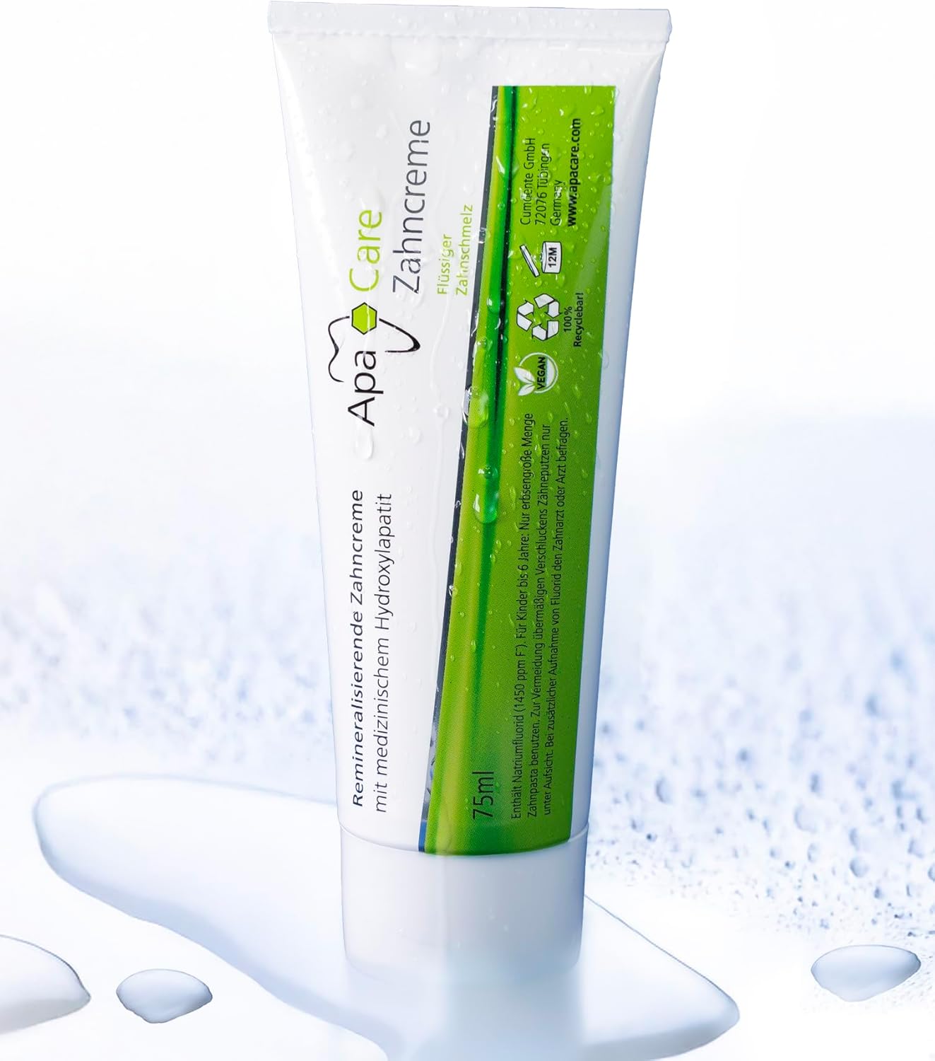 Detalle 2 de ApaCare 3 tubi di dentifricio per smalto – 3x75 ml, con idrossiapatite attiva e fluoro, per denti sensibili (vegano)