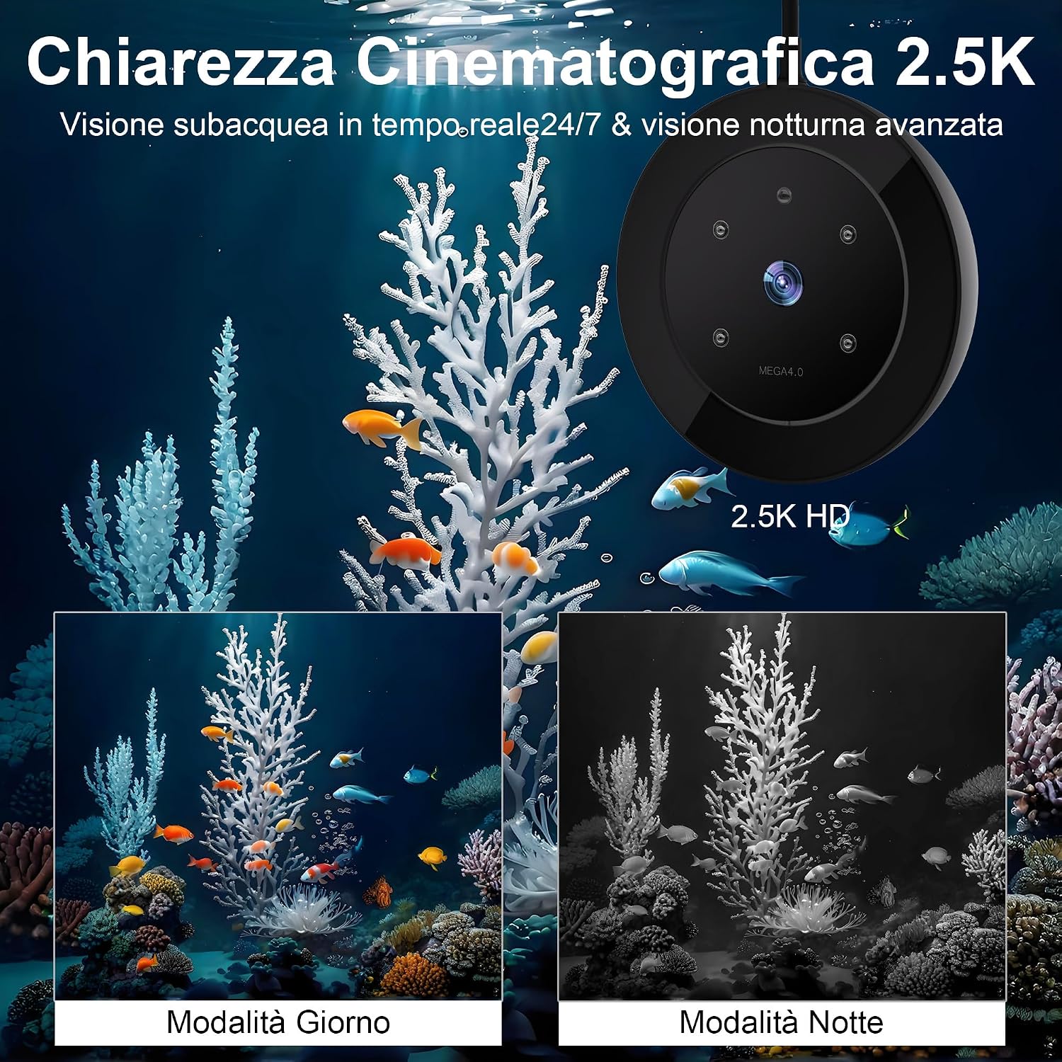 Detalle de YAMOSO Mangiatoia Pesci WiFi con Telecamera 2,5K HD — Sorveglianza 24/7, dosaggio 0,2 g e serbatoio 230 ml