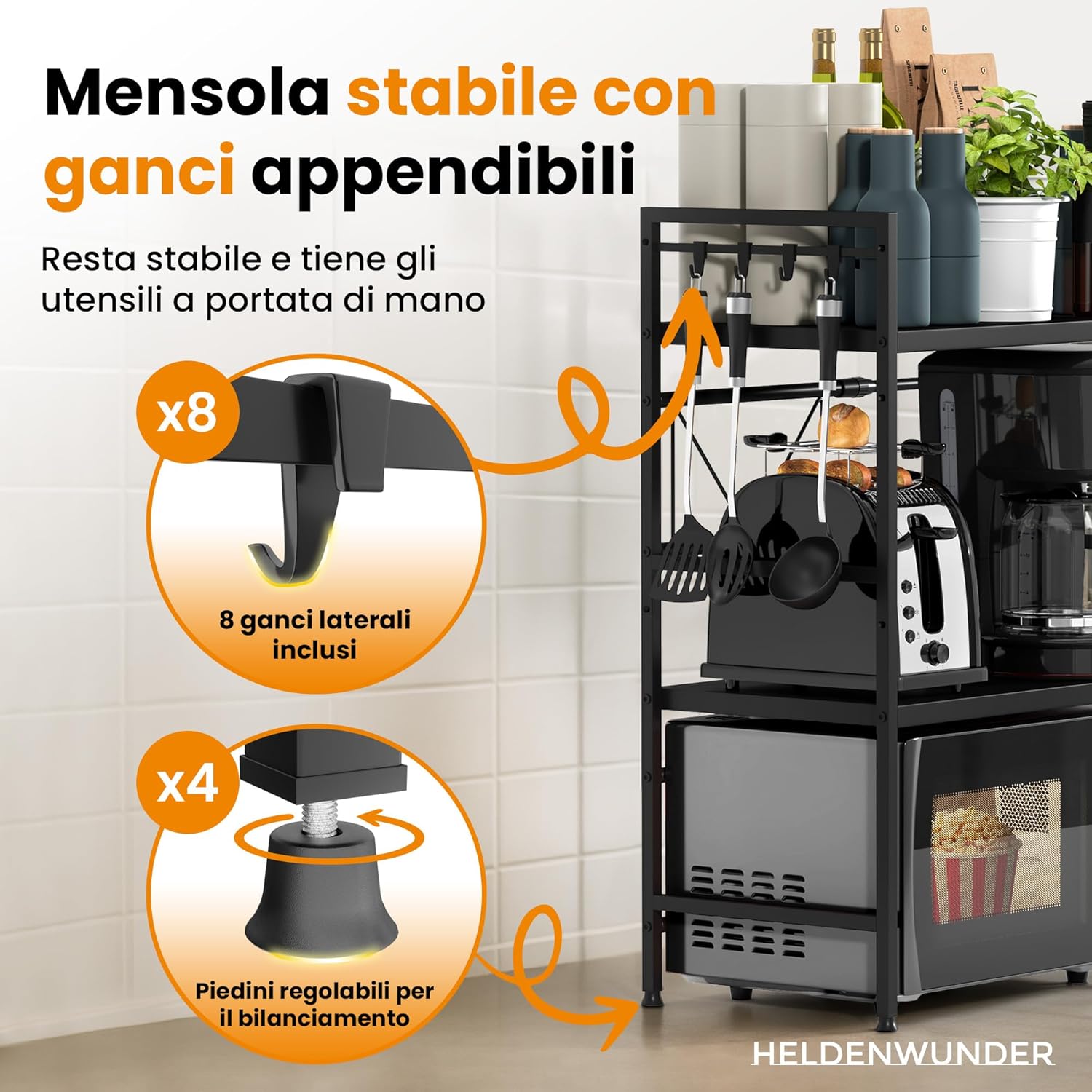 Thumbnail 3 de Heldenwunder Mensola mobile per cucina salvaspazio in acciaio con 3 ripiani, supporto microonde regolabile e ganci - nero