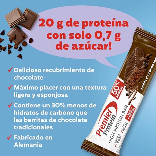 Detalle de Premier Protein High Protein Bar 50% Double Chocolate Cookie (16x40 g), baja en azúcar y baja en carbohidratos