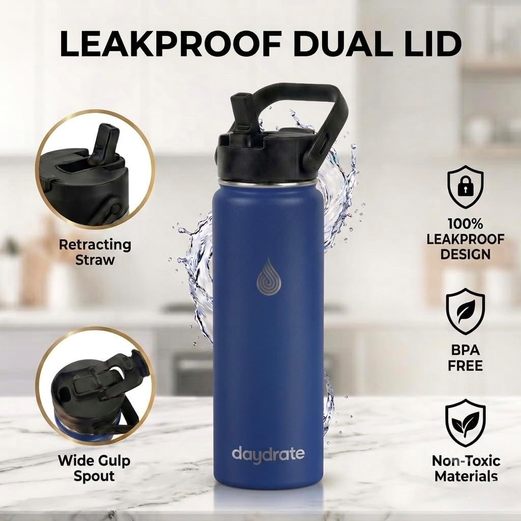 Detalle de Insulated 750ml Metal Water Bottle with Dual Lid – Blue Daydrate