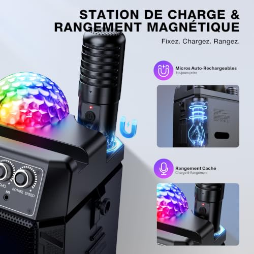Thumbnail 4 de Gralal enceinte karaoké avec boule disco, 2 micros sans fil et recharge magnétique