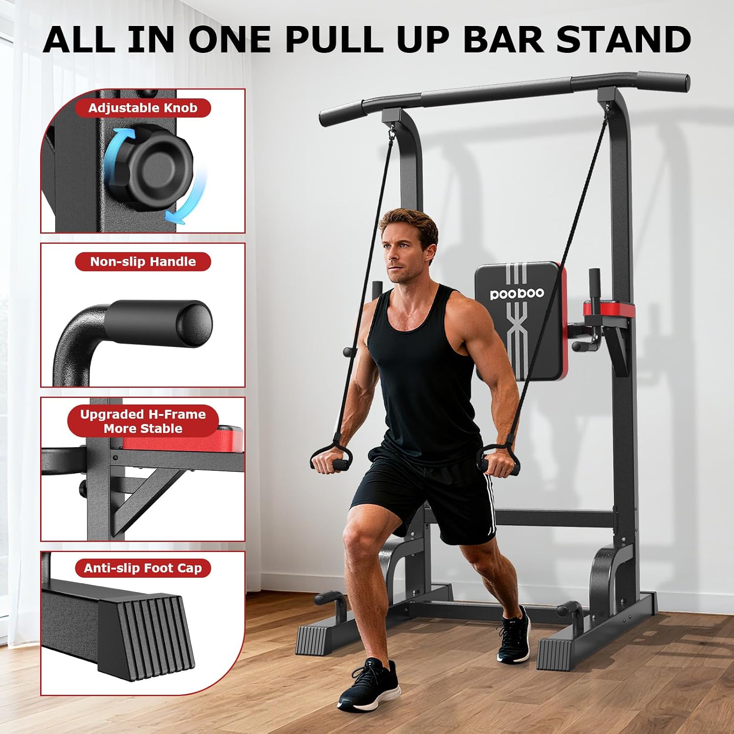 Detalle 2 de pooboo Power Tower Dip Station, 11-Height Adjustable Home Gym