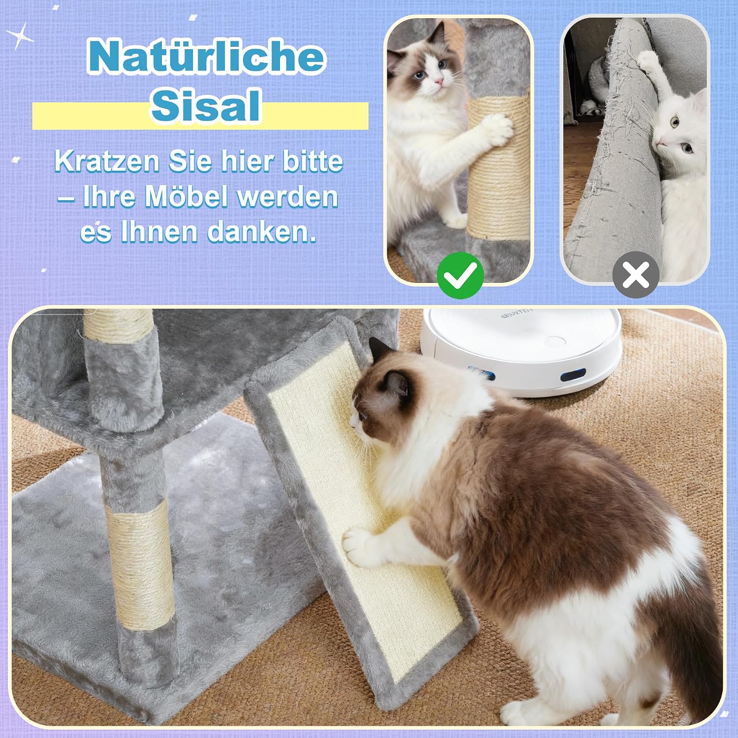 Detalle 2 de Hey-brother Kratzbaum EMJ080W, 182 cm hoch für Großkatzen – mit 2 Liegeflächen, 3 Hängematten & Kratzbrettern