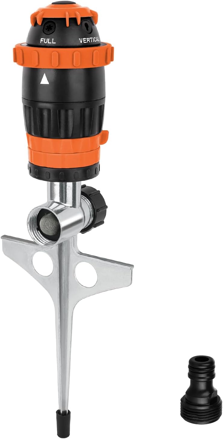 Detalle de RESTMO Gear Drive Sprinkler with Metal Spike Base – 5-Pattern Heavy Duty Garden Sprinkler (Orange)