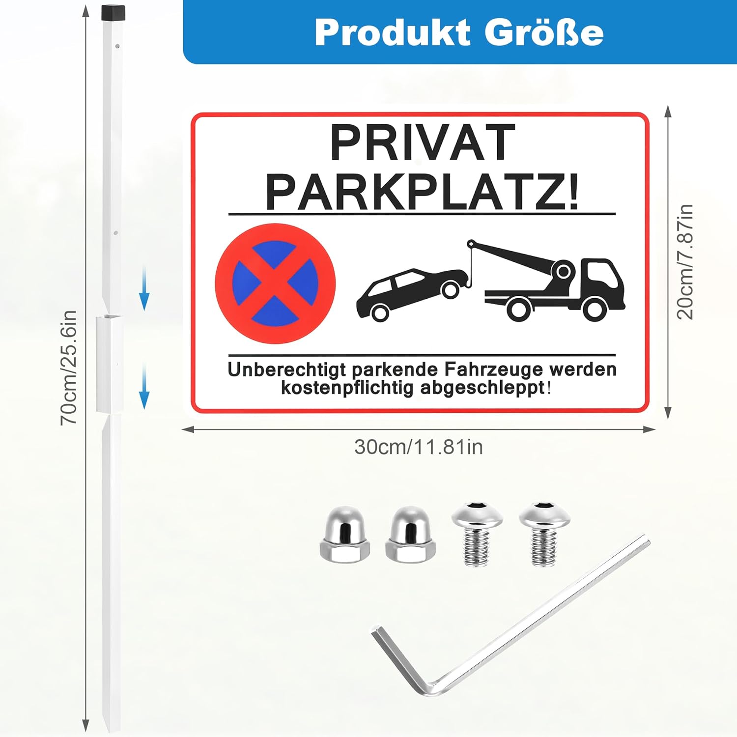Thumbnail 1 de JIZZU Privatparkplatz Schild mit Pfosten, Aluminium 30x20 cm – „Parken verboten“ mit Hinweis auf Kostenpflicht und Abschleppen
