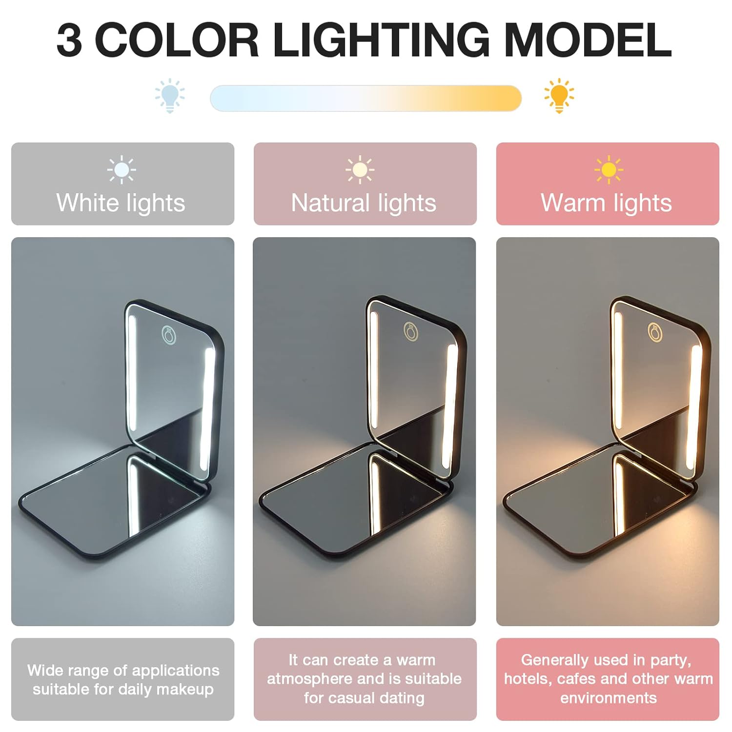 Detalle 1 de Kintion Rechargeable Pocket Mirror (1X/3X) with 3 Color Lights, Dimmable, Wine Red