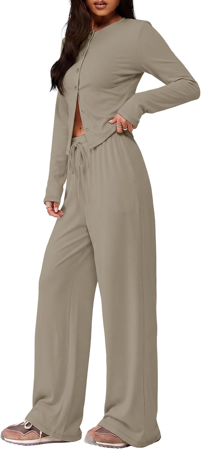 Detalle 1 de Sampeel Women's Two-Piece Lounge Set with Button-Front Top and Wide-Leg Pants