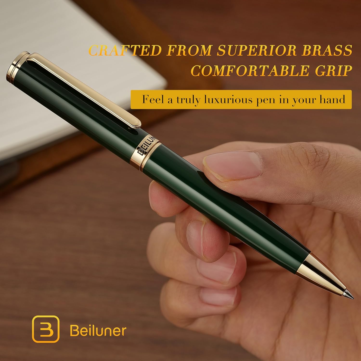 Thumbnail 6 de BEILUNER Penna a gel lusso con finitura oro 24K e lacca verde piano (set regalo retrattile)