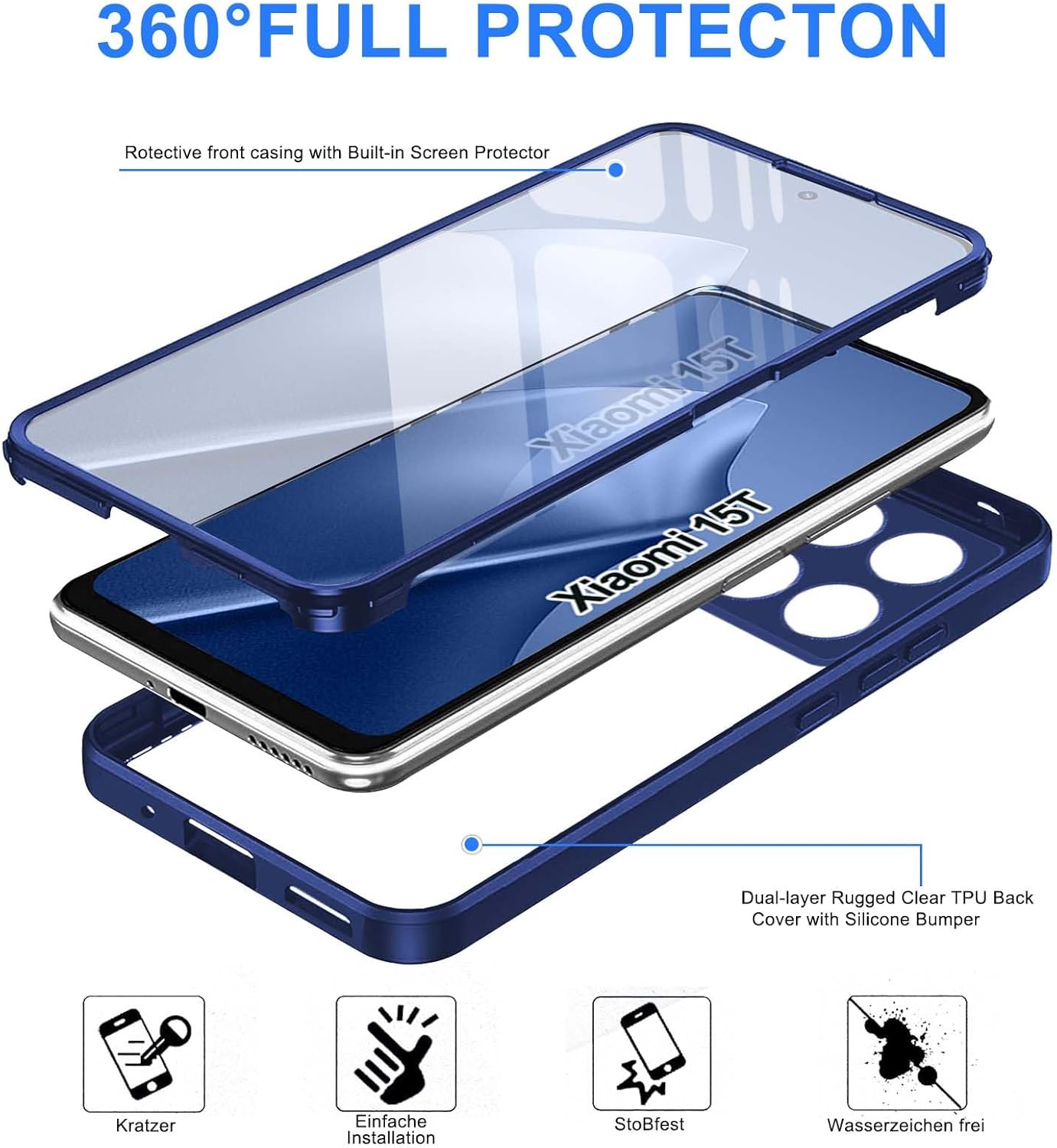 Thumbnail 1 de WeiCase Hülle für Xiaomi 15T – Transparent, 360° Rundumschutz, Integrierter Displayschutz, Blau