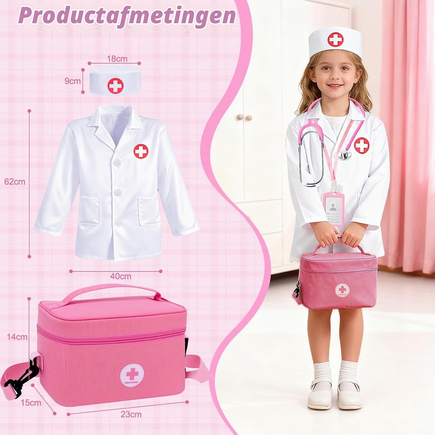 Detalle de Mactoou AP001 dokterskoffer voor kinderen, roze rollenspelset met 35 accessoires