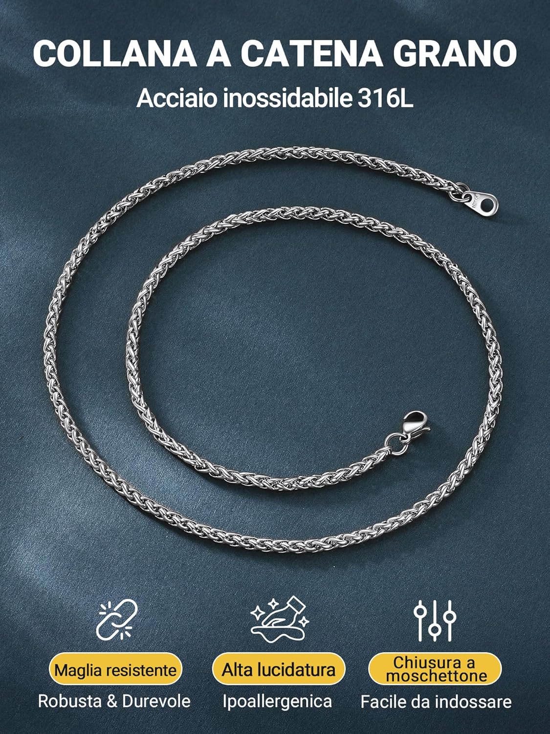 Thumbnail 5 de PROSTEEL Collana da uomo in acciaio 316L con catena grana “dente di drago” 3 mm, lunghezze 46–76 cm
