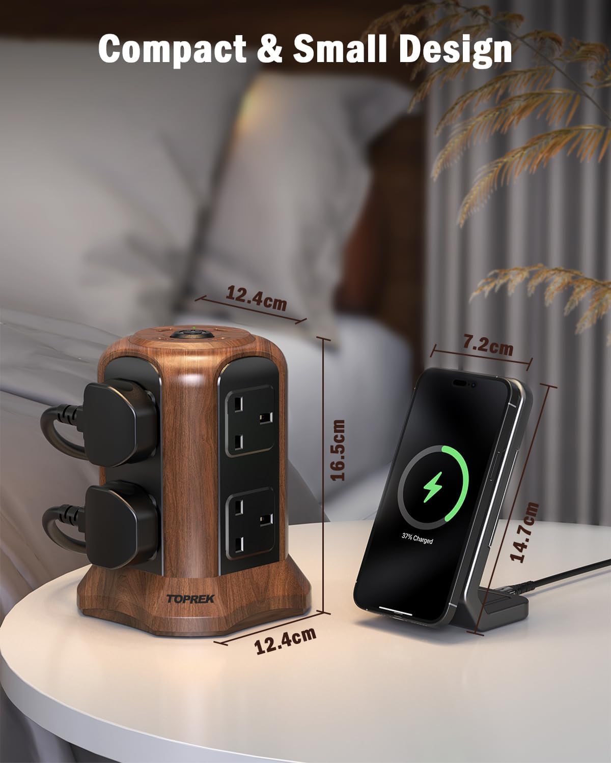 Thumbnail 4 de TOPREK Wooden Grain Tower Extension Lead with USB Slots (1800J Surge) – 8 AC + 2 USB-C + 2 USB-A, 2m
