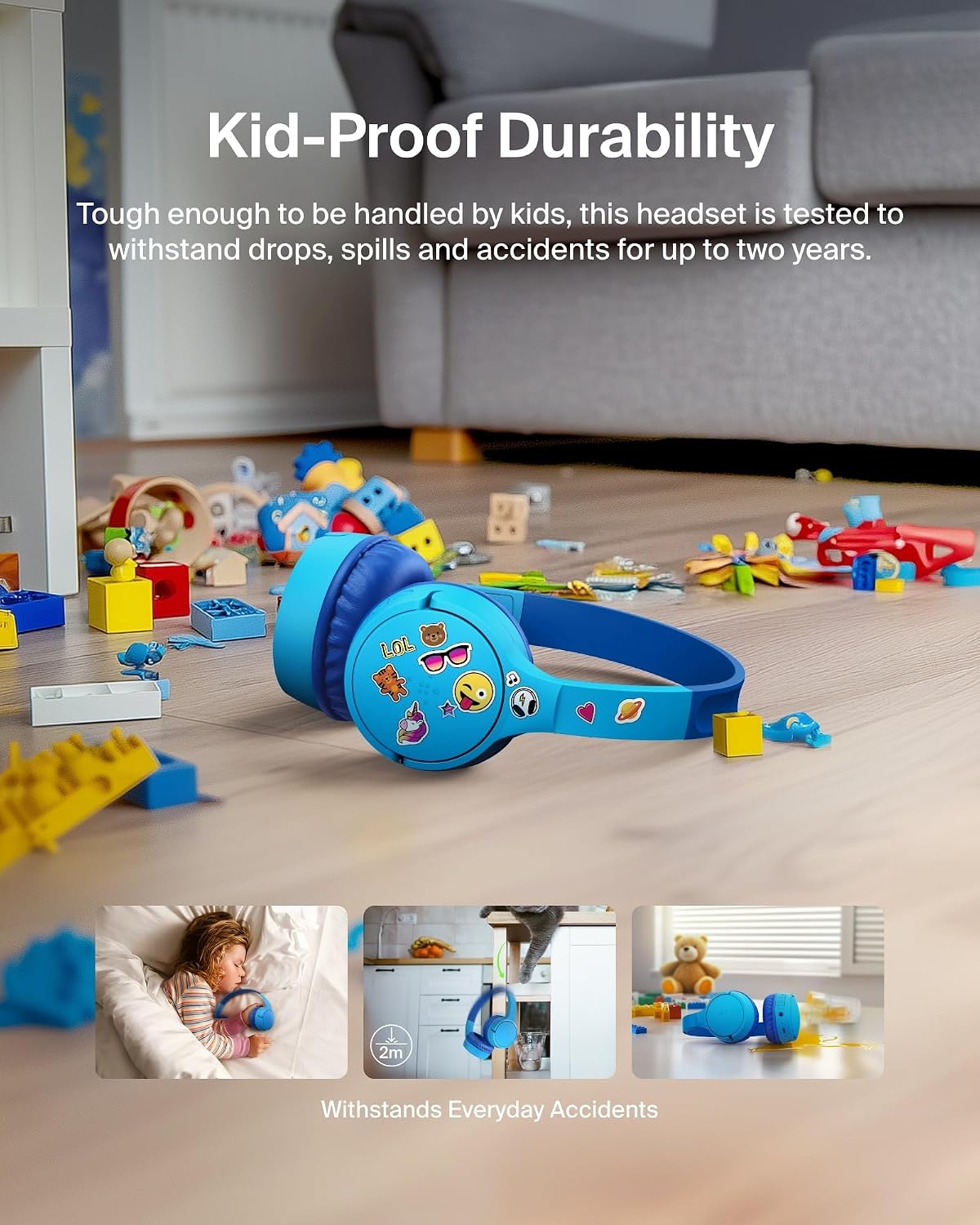 Detalle 2 de Belkin SoundForm Mini Kids Wireless Bluetooth Headphones (30H Battery, 85dB Safe Volume) with Mic, Blue