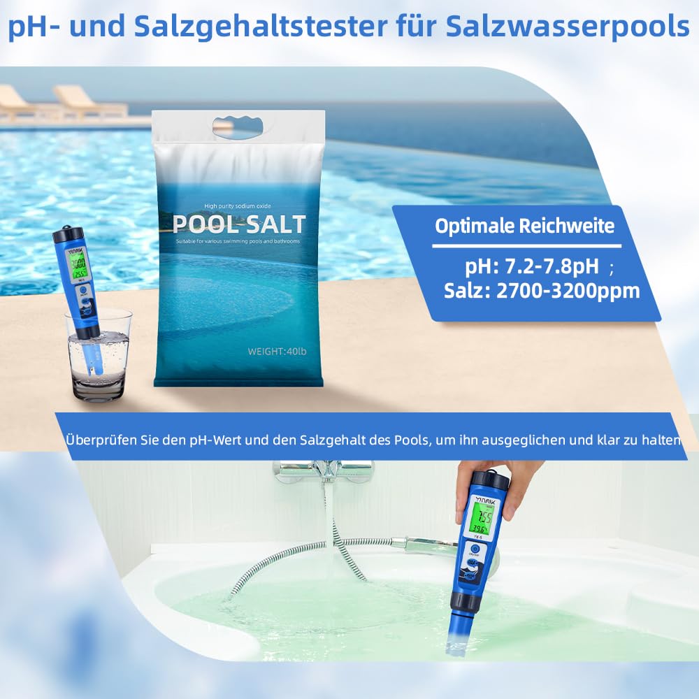 Detalle 2 de Salzwasser Pool Messgerät 5 in 1 – pH, TDS, EC, Salzgehalt und Temperatur mit LCD-Display