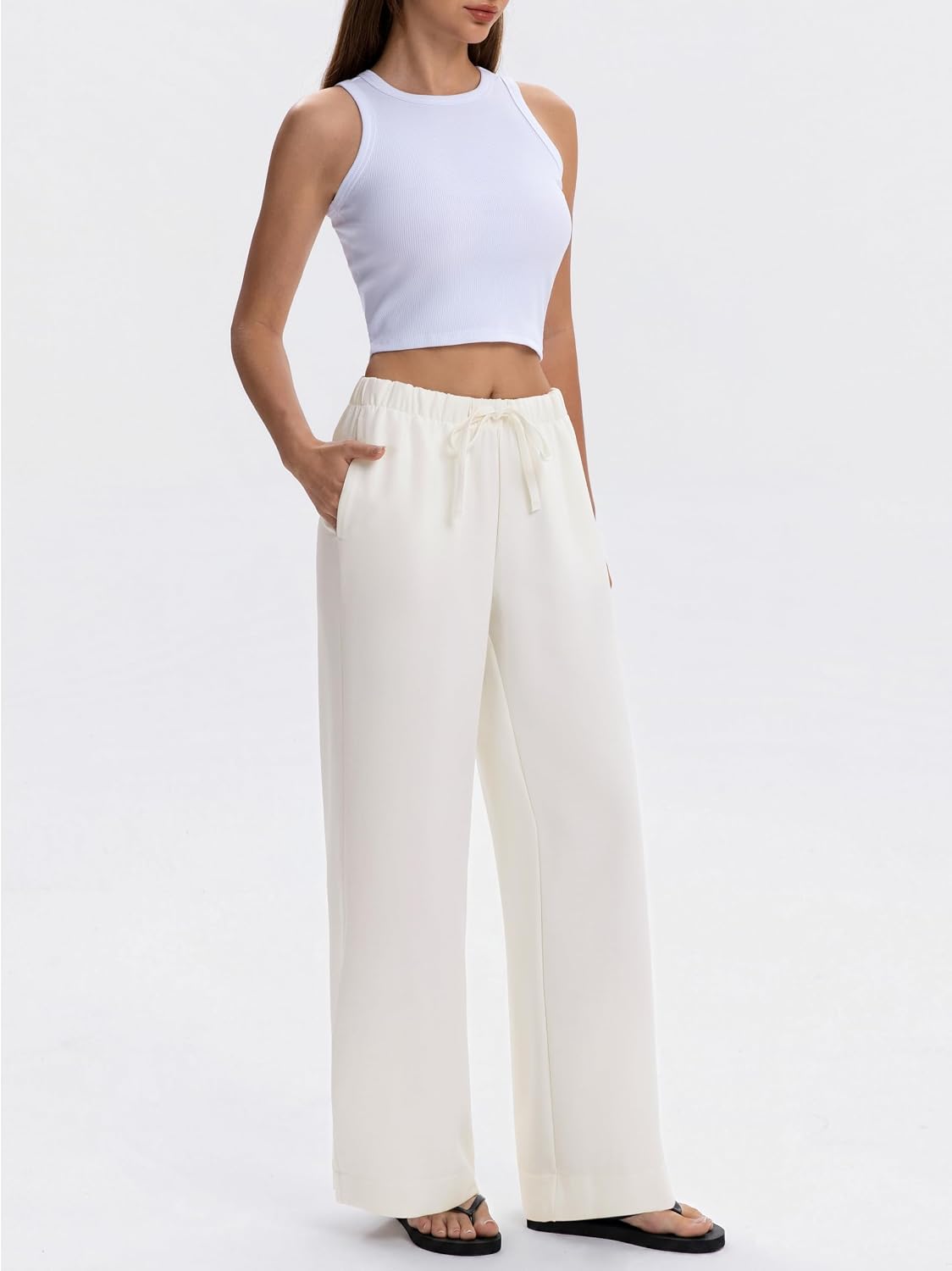 Detalle de Abonlen Wide Leg Pants for Women: Casual Flowy Crepe Trousers with Pockets