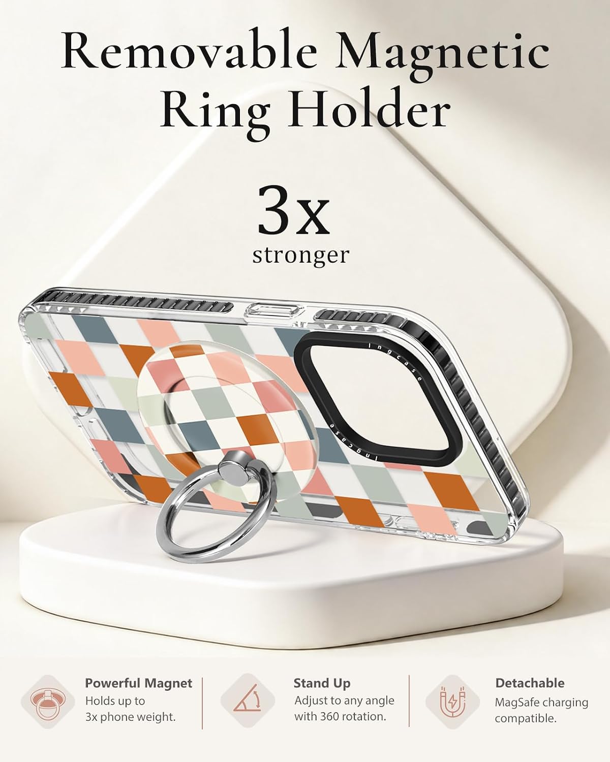 Detalle de Ingcase Pastel Checkered Case for iPhone 15 Plus with Detachable Magnetic Ring Stand