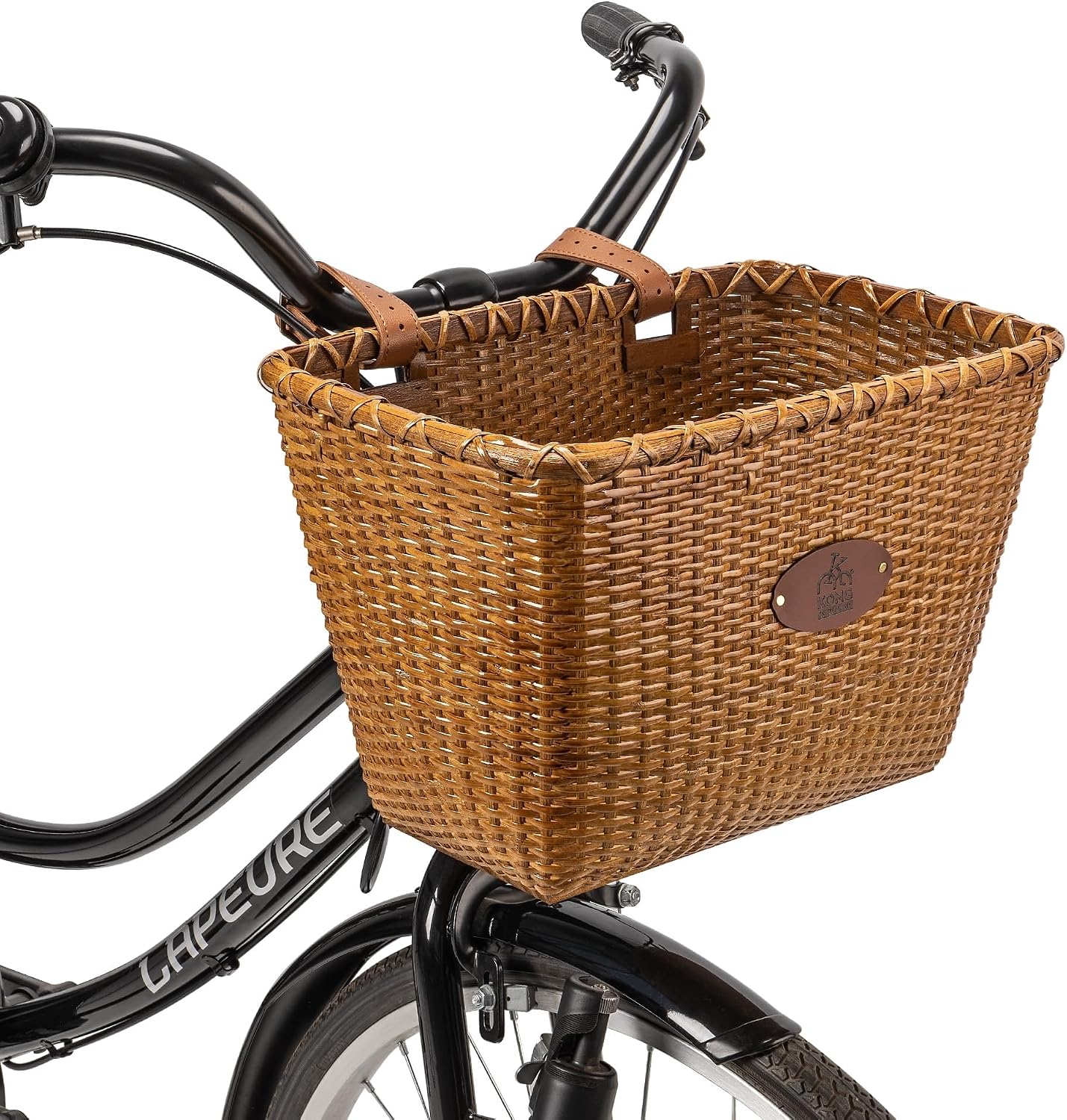 Thumbnail 2 de KONG MING CAR rotan fietsmand voor het stuur met houten bodem en leren riemen