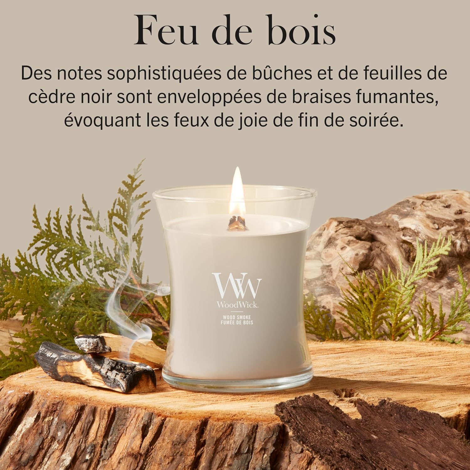 Detalle de WoodWick Bougie parfumée — Bougie sablier moyenne Feu de bois