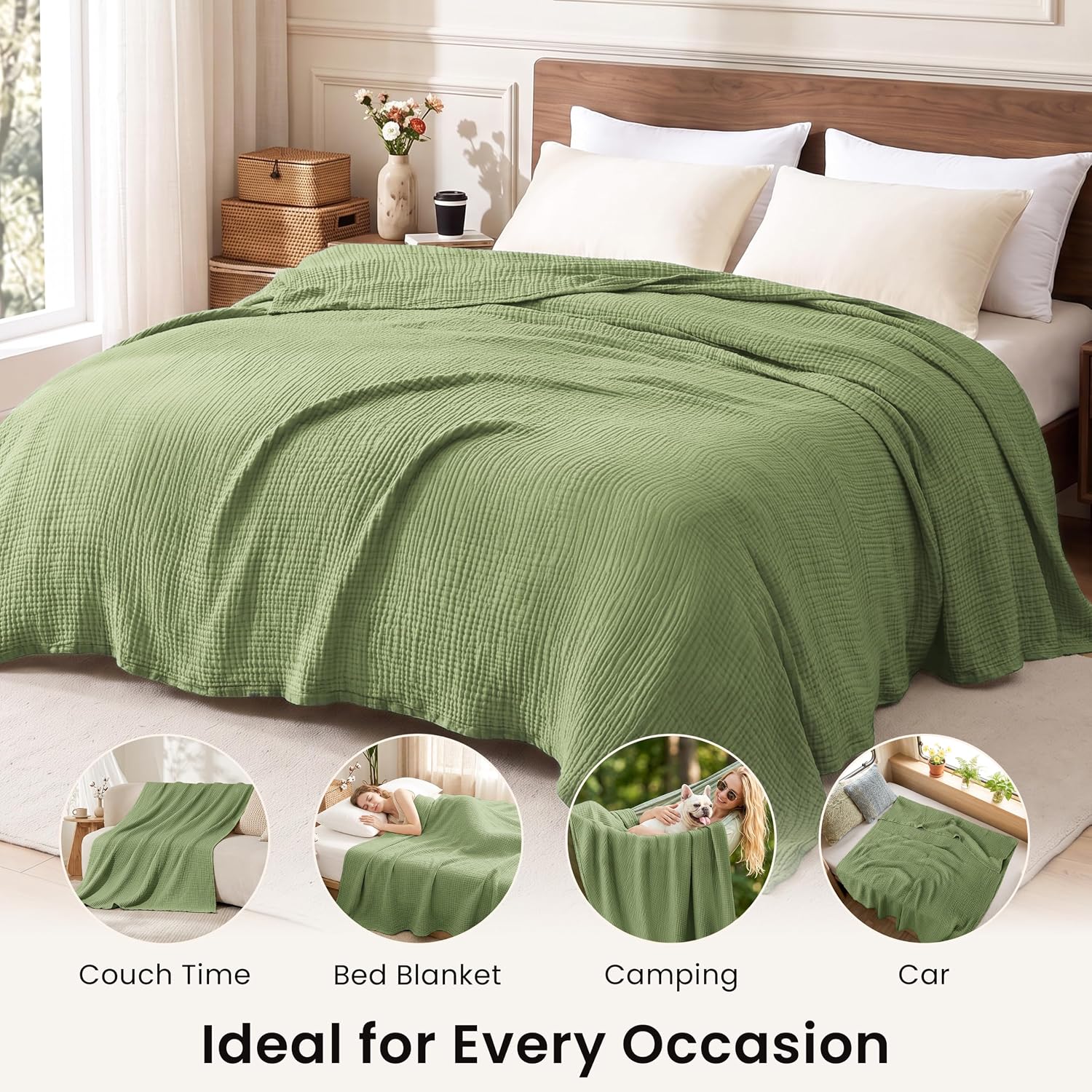 Detalle de Love's Cabin 100% Cotton Muslin Blanket (6-Layer) – King Size, Sage Green, Lightweight Gauze