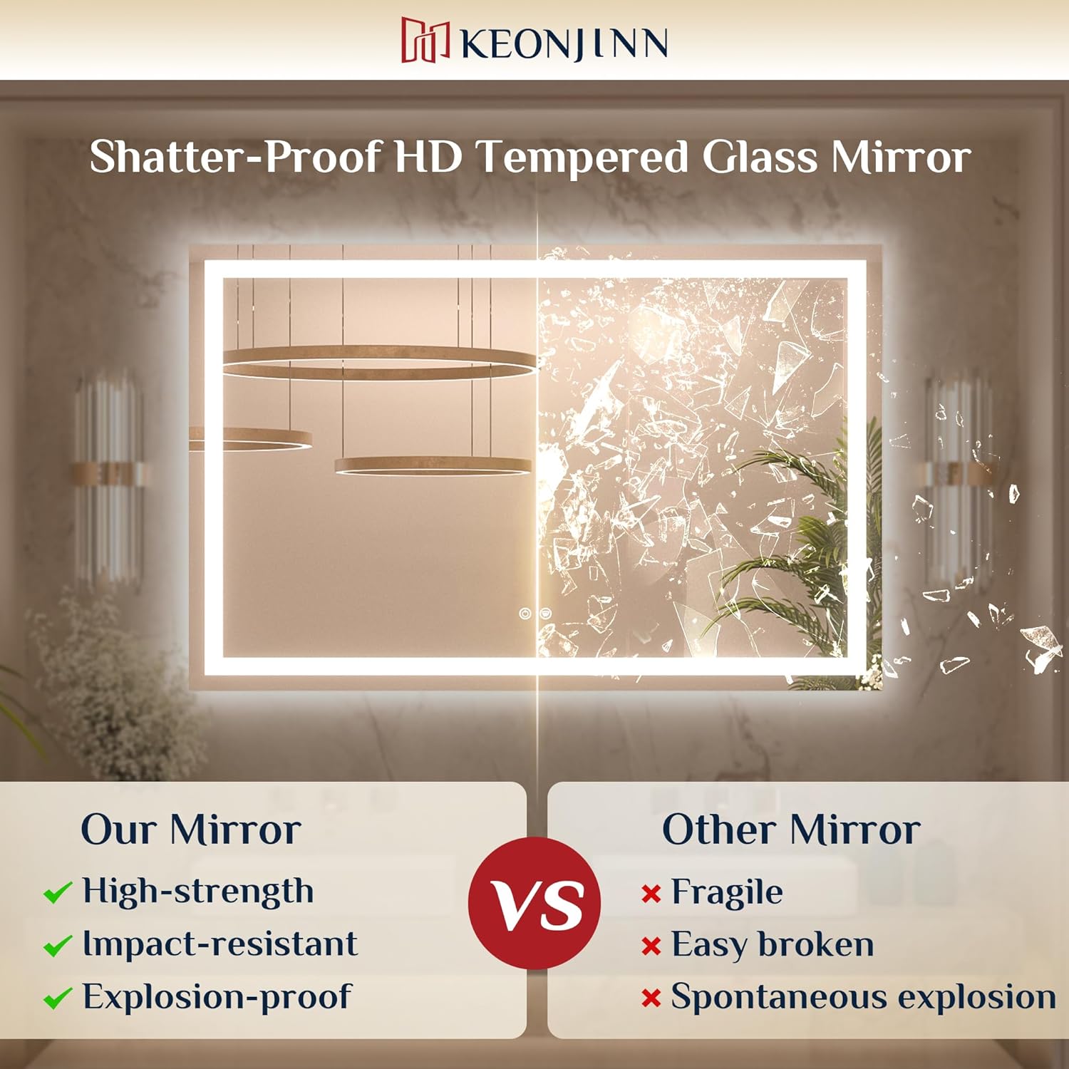 Detalle de Keonjinn LED Bathroom Mirror 28 x 36 Inch: Frontlit & Backlit, Anti-Fog with 3 Color Lights