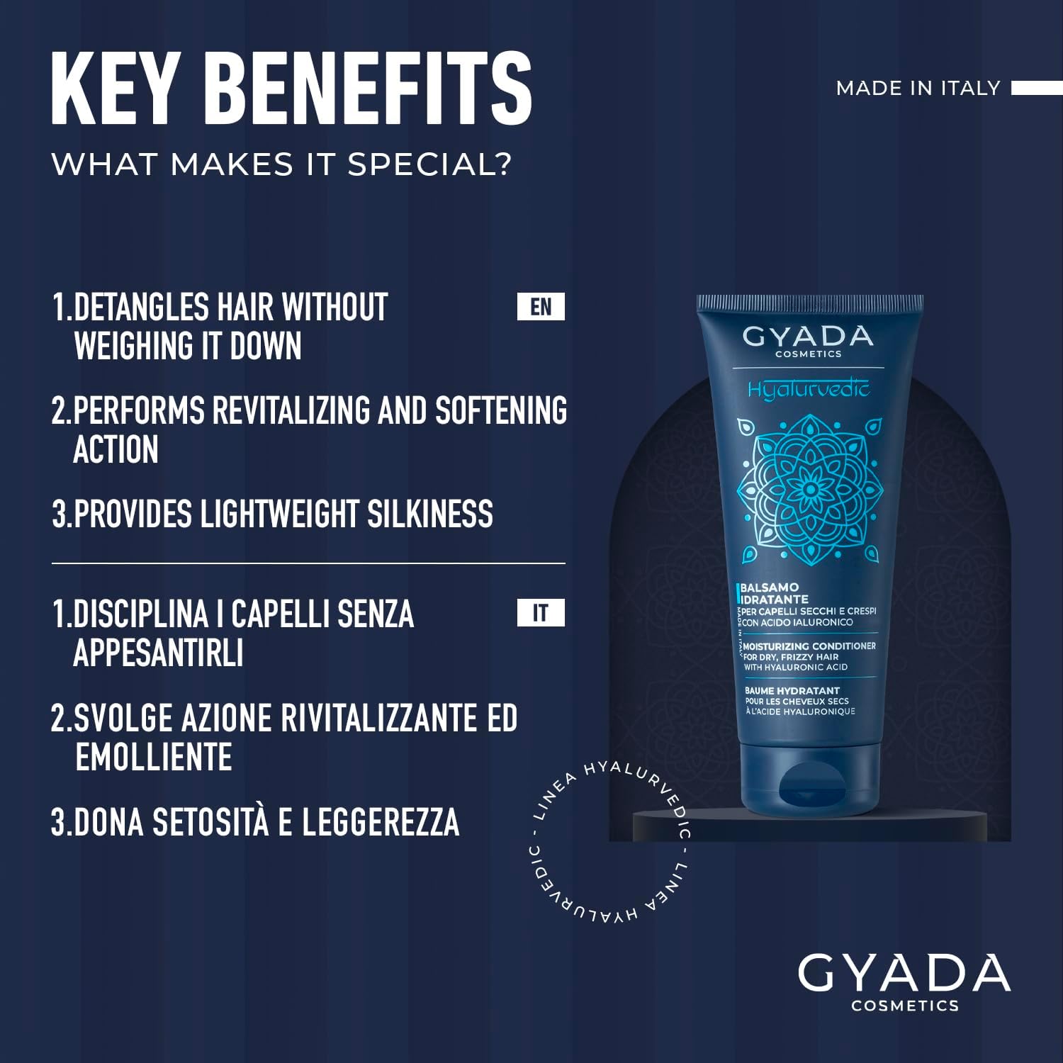 Detalle de GYADA COSMETICS Hyalurvedic Balsamo Idratante per Capelli Secchi e Crespi con Acido Ialuronico e Altea, 200 ml