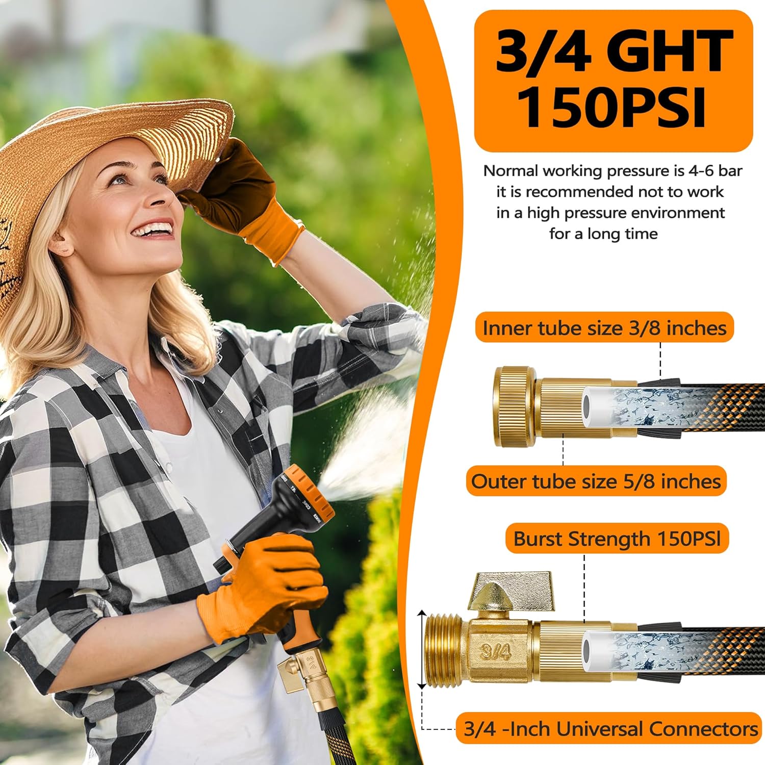 Detalle 2 de Flexible Garden Hose 100 FT with 10-Pattern Nozzle and 3/4" Brass Fittings