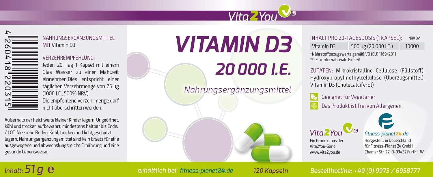 Detalle de Vita2You Vitamin D3 20.000 IE – 120 Kapseln (1.000 I.E./Tag) aus Deutschland