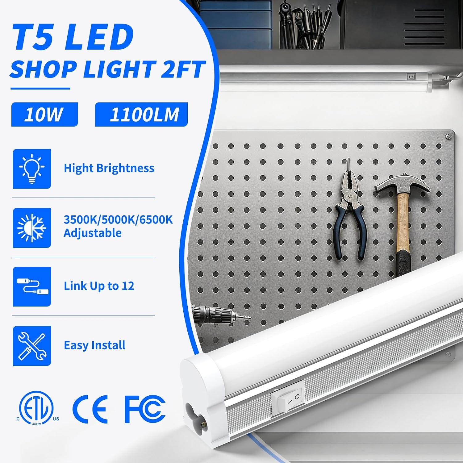 Detalle 2 de JESLED SWT80018B3060AA8 T5 LED Shop Light, 2 ft, 10W, 3 CCT, 6-Pack