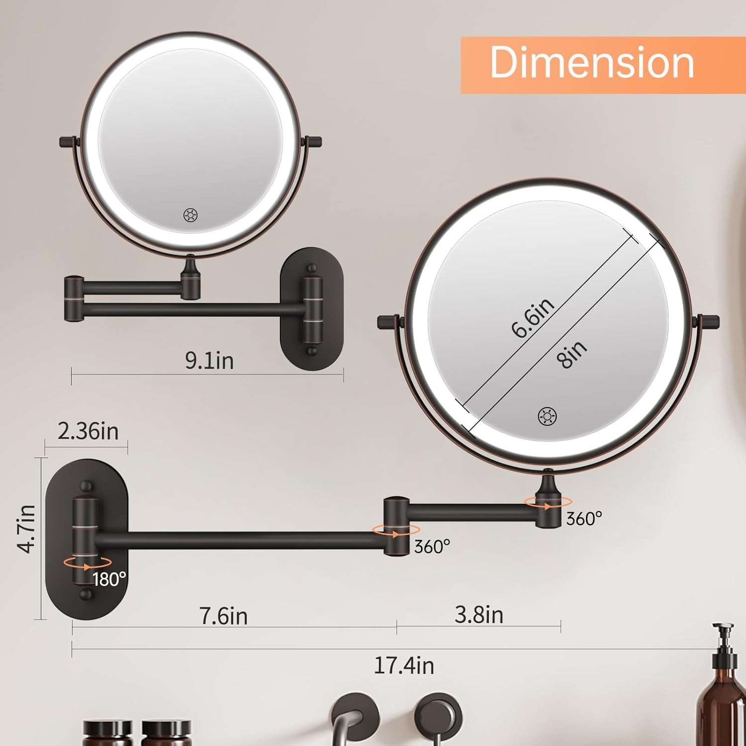 Detalle de 5000mAh Rechargeable Wall Mounted Lighted Makeup Vanity Mirror with 1X/30X Magnification in Antique Bronze