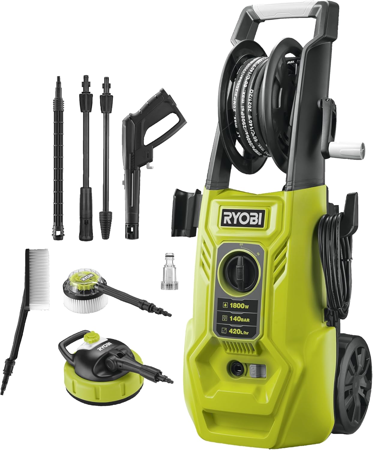 Thumbnail 6 de RYOBI Nettoyeur Haute Pression 2000 W – 150 Bar, 450 L, Flexible 8 m, Enrouleur – Réservoir détergent intégré – Lance Vario & Turbo – Brosse rotative – Référence RY150PWA