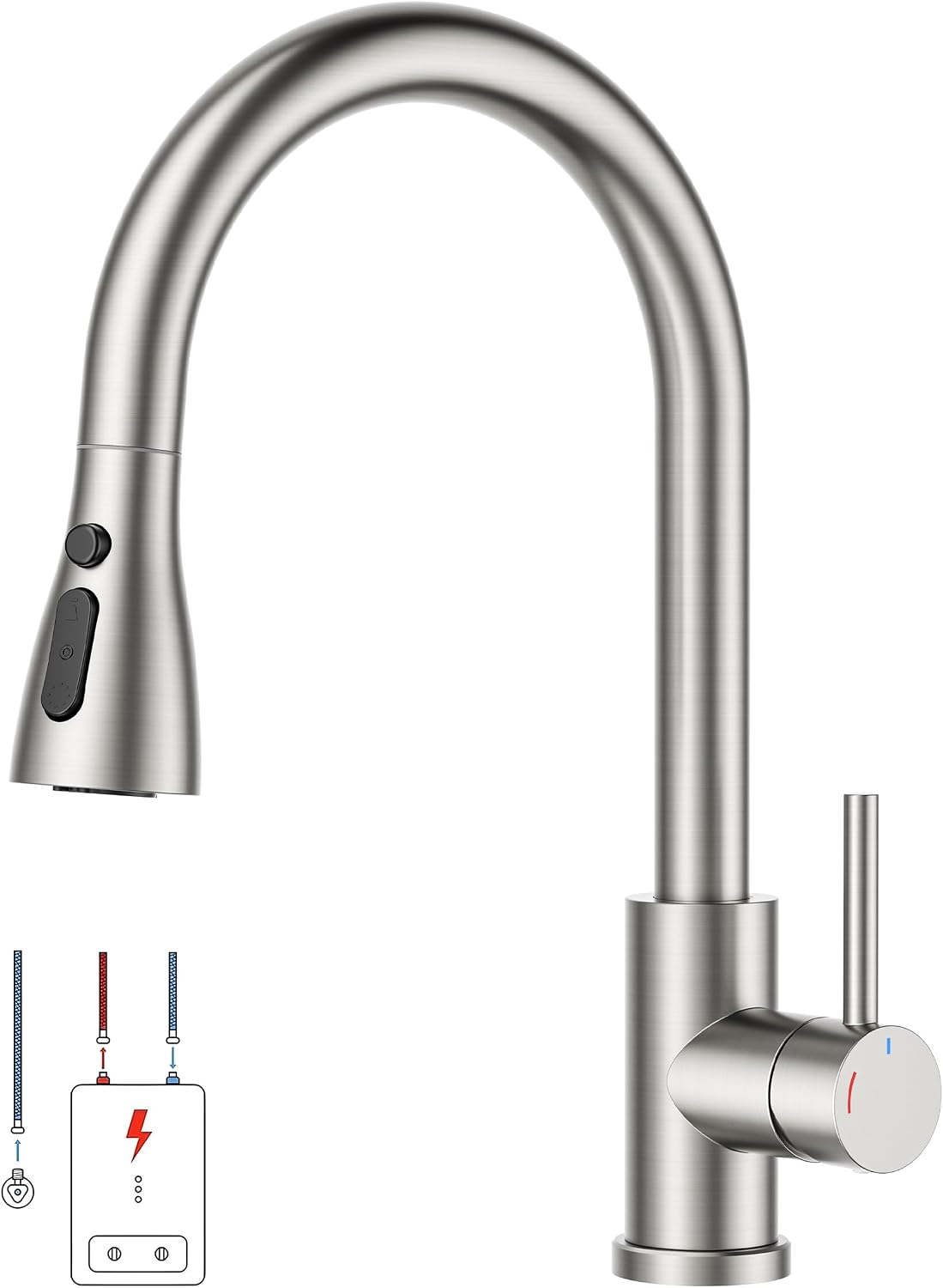 Detalle de FORIOUS Küchenarmatur Niederdruck mit herausziehbarer Brause – Edelstahl 304, 360° Schwenkbar, 3 Anschlüsse, ABS Sprühkopf, G3/8