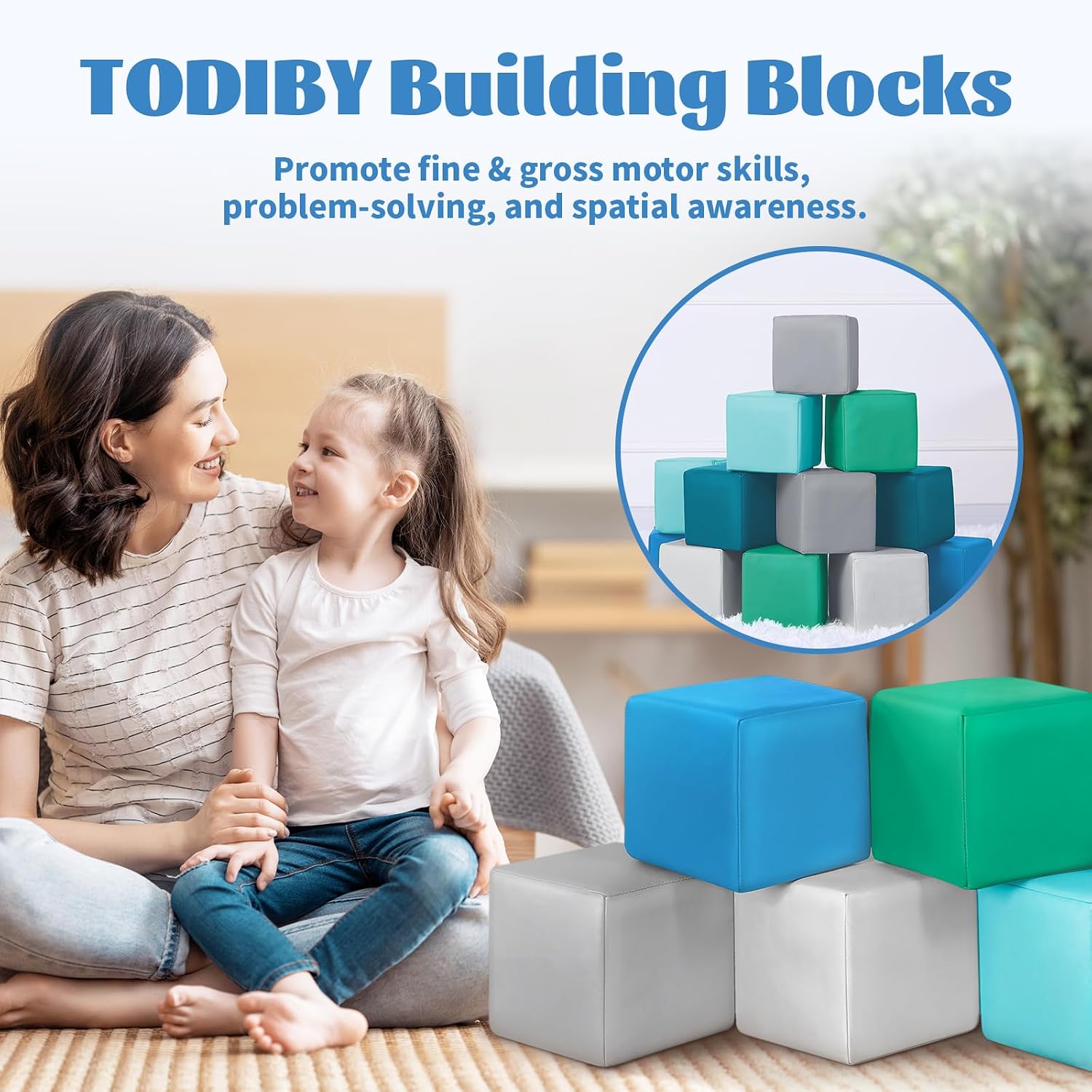 Thumbnail 2 de TODIBY Foam Building Blocks for Toddlers: 12-Piece Wipeable Leather Stacking Cubes