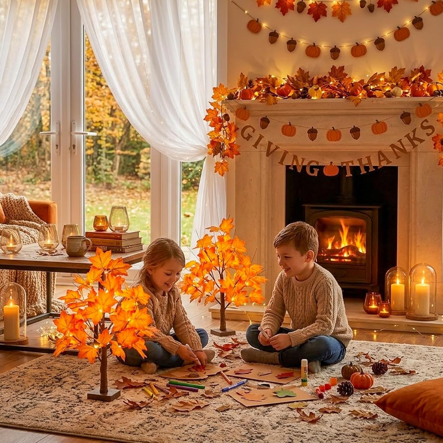Detalle 2 de PEIDUO 2-Pack Lighted Maple Tree Decor with Timer and Warm-White Lights