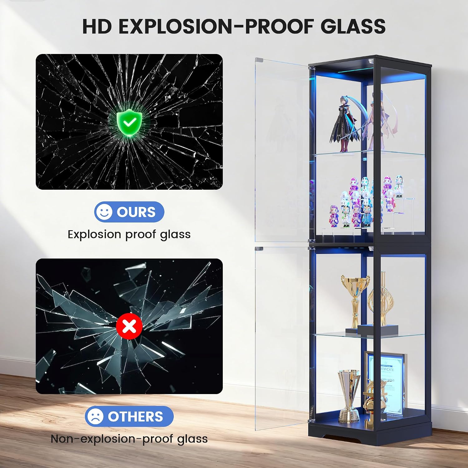 Detalle 2 de TAGELIER 97094 Glass Display Cabinet with 3-Color LED Lighting, Black