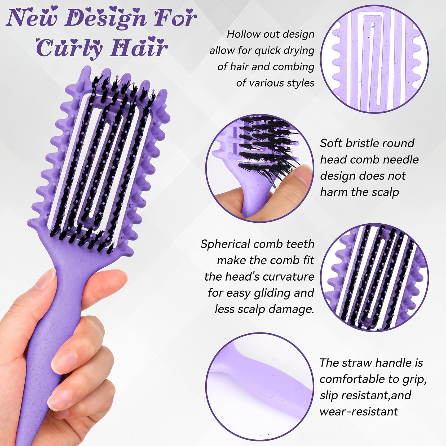 Detalle de Lockenbürste für Locken – sanftes Entwirren und Styling ohne Ziepen (Lila)