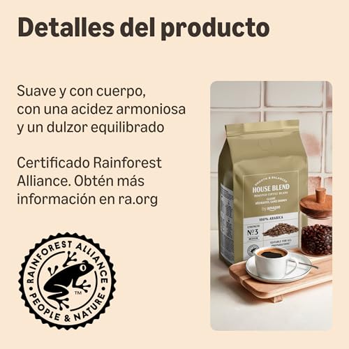 Detalle de By Amazon Café En Grano Natural, 1 kg — 100% Arábica, tueste medio, Rainforest Alliance