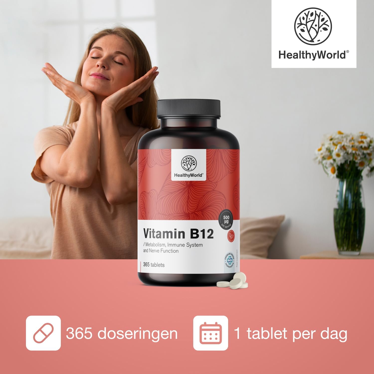 Detalle de HealthyWorld Vitamine B12 500 µg methylcobalamine, 365 tabletten