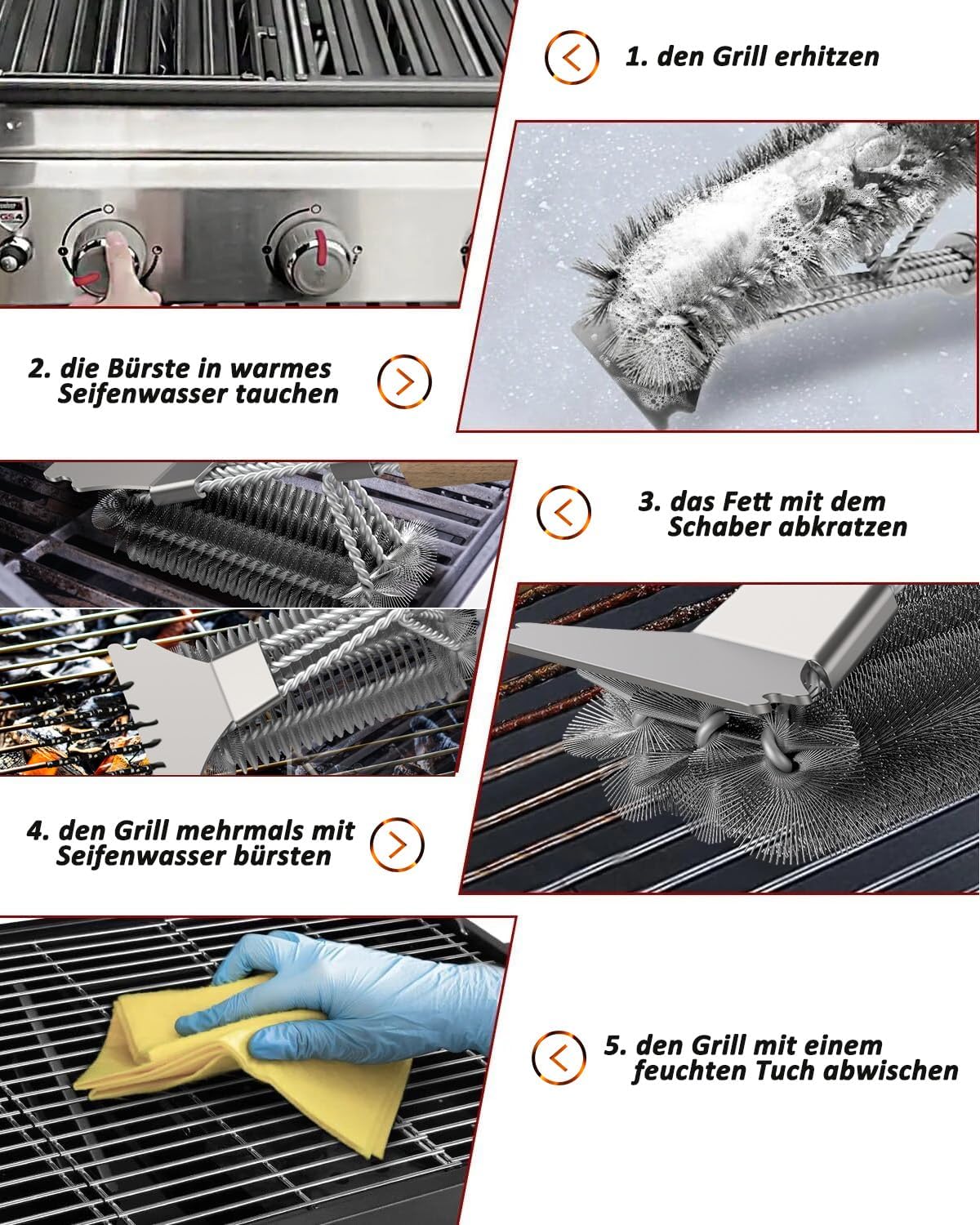 Thumbnail 5 de Grillbürste mit Holzgriff und Edelstahlschaber – 39 cm extra langer Reinigungsgriff für Grillrost