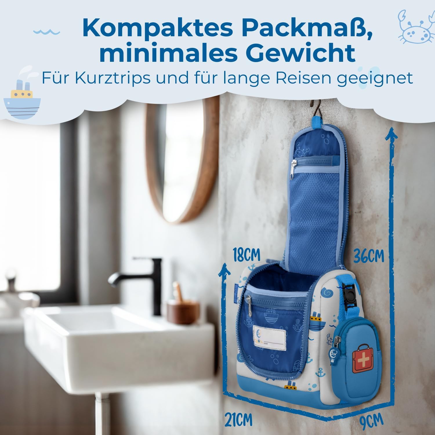 Detalle 2 de REISERACKER Kinder-Kulturbeutel zum Aufhängen inkl. Medi-Tasche – Kulturtasche für Jungen und Mädchen