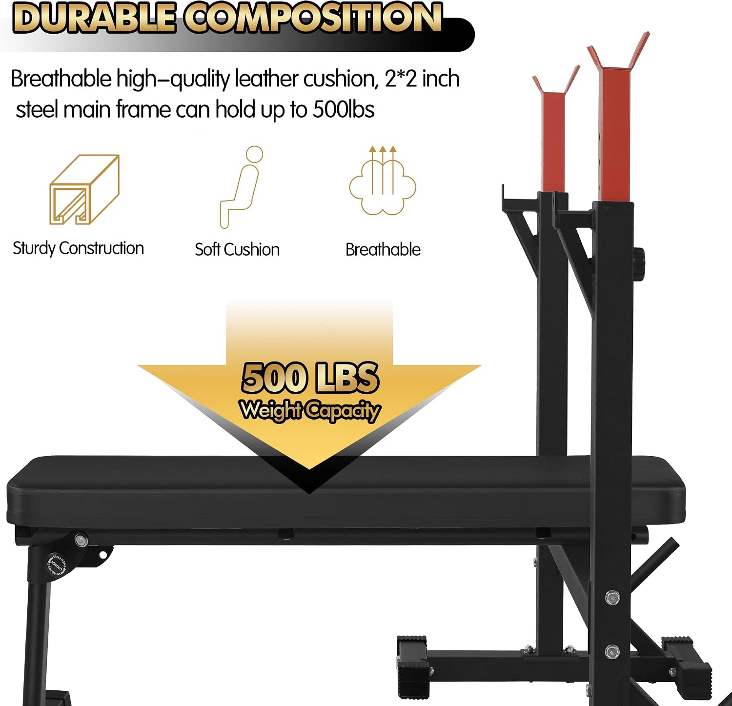 Detalle de CANPA Olympic Weight Bench with Adjustable Squat Rack, Foldable Red Frame