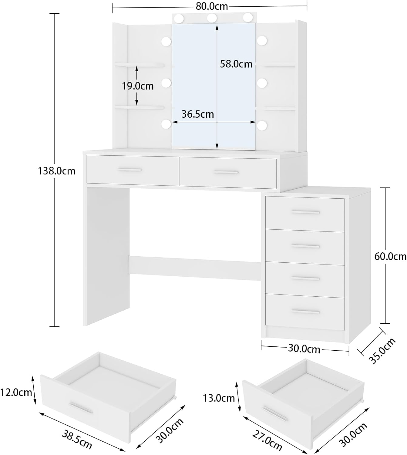 Detalle 2 de TEENFON ENSTA031WD-ZF Vanity Table with Mirror, Lighting and 6 Drawers