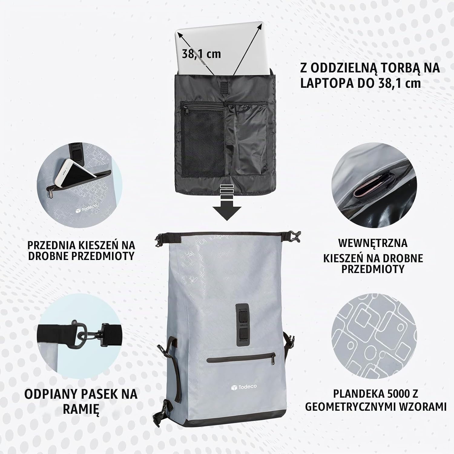 Detalle 2 de Todeco plecak rowerowy 3w1, 20–24 l, wodoodporny, z komorą na laptop 15″