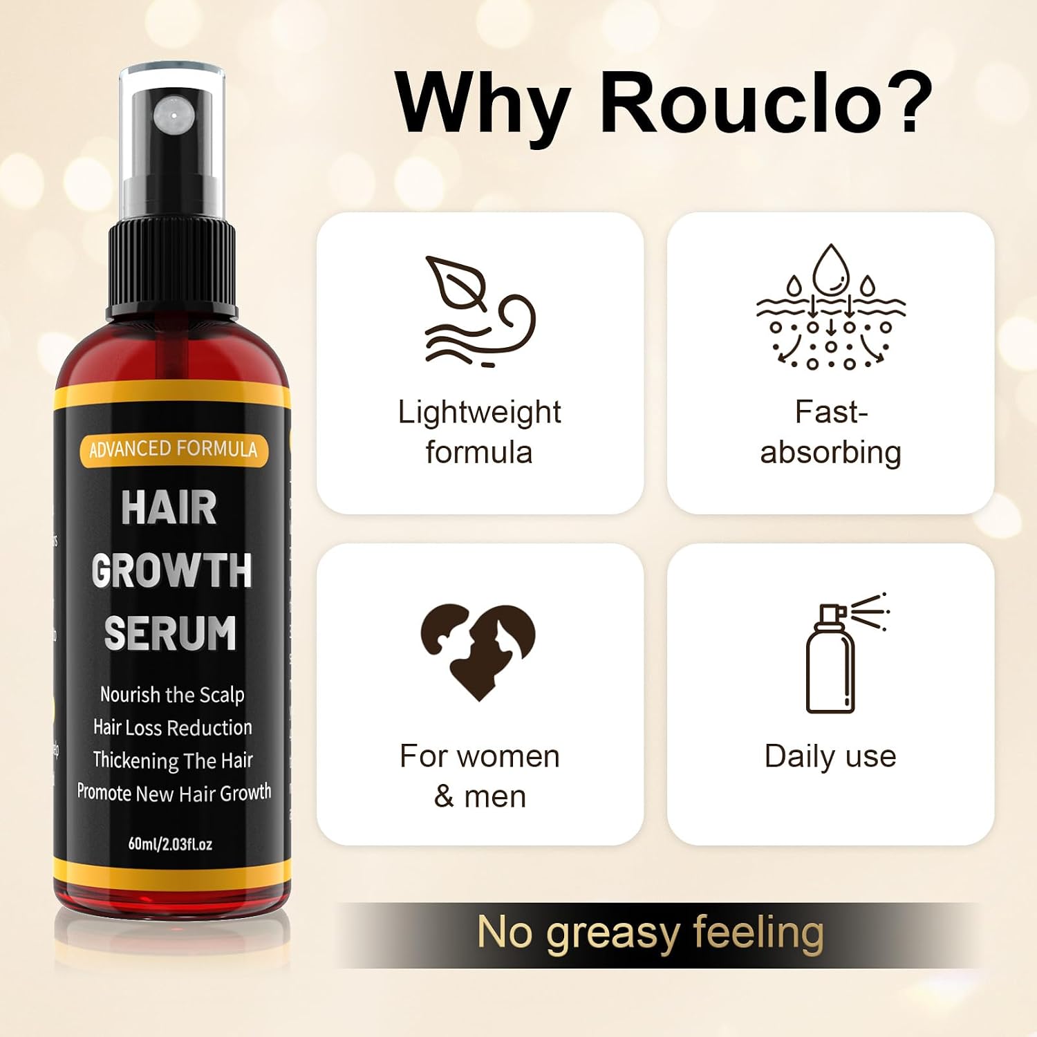 Detalle de Rouclo Hair Growth Serum Spray mit Rosmarinöl, Biotin und Rizinusöl – 60 ml