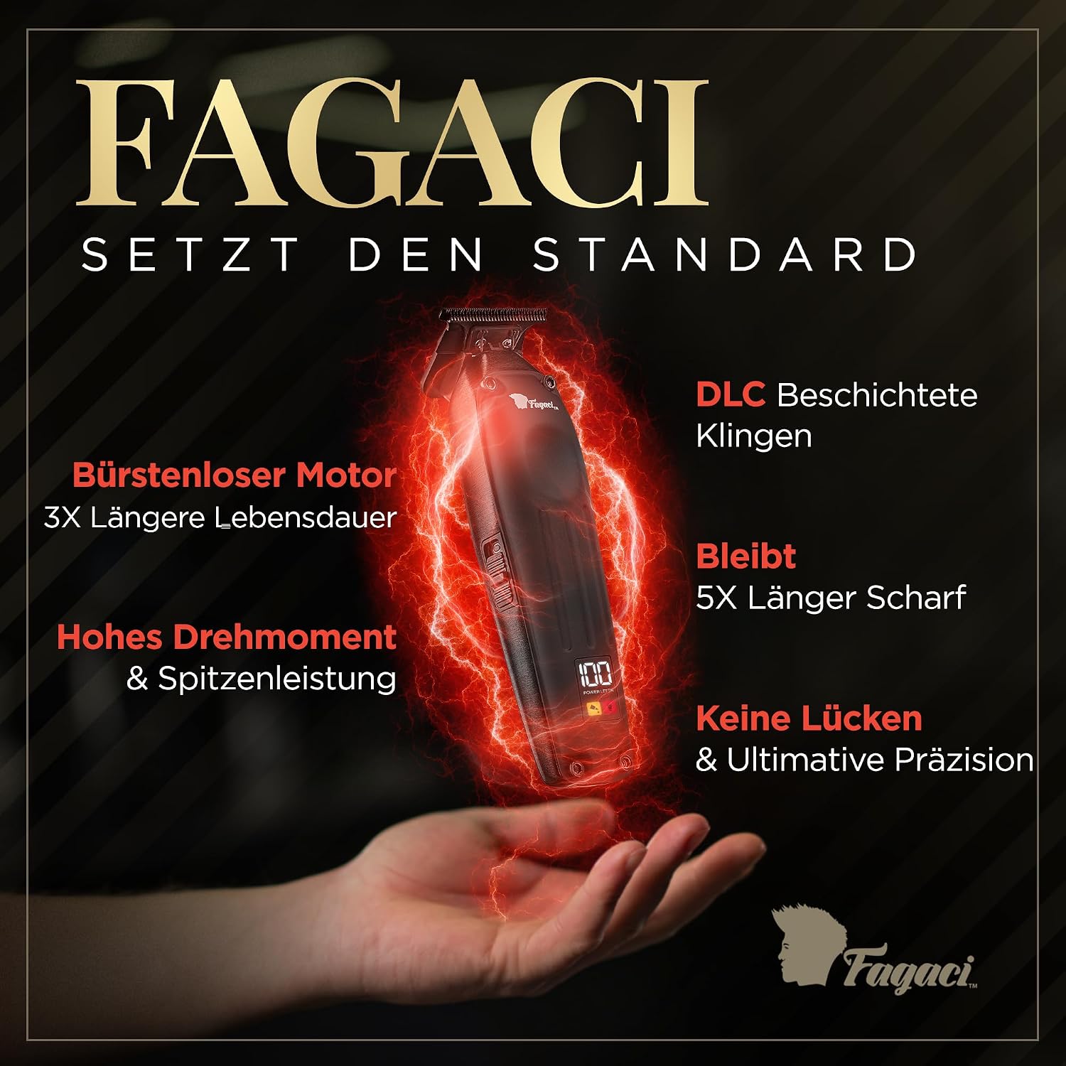 Detalle de Fagaci Profi Zero Gap Haartrimmer Herren – präzise Konturen, 0 mm Schnitt, keramische/DLC-Klingen
